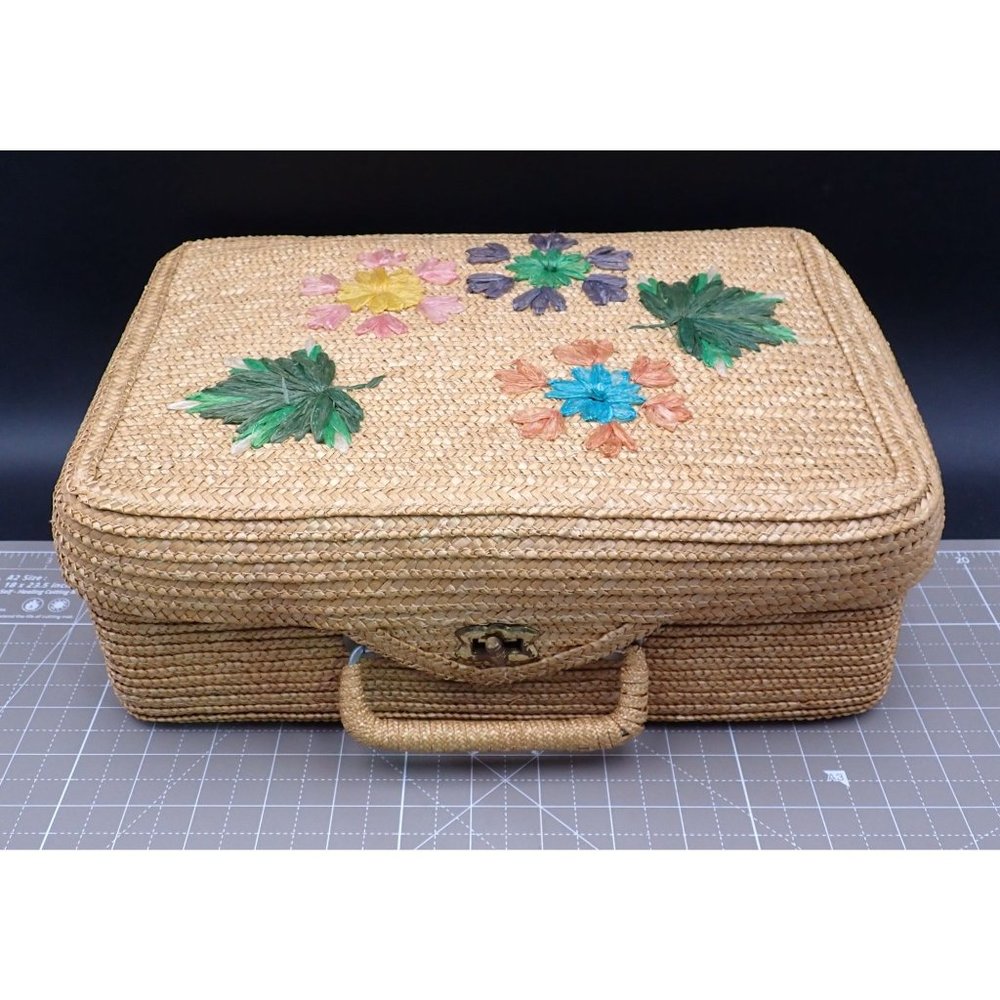 Vintage Straw Fiber Sewing Box  Flowers Brass Hardware Filled to Top with Sewing